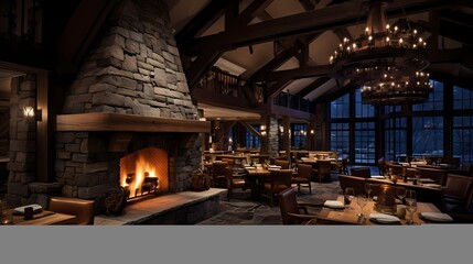 Fototapeta na wymiar Cozy mountain chalet restaurant with wooden beams, stone accents, and a warm, inviting ambiance