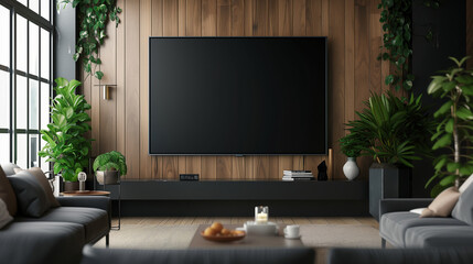 Wide screen flat television banner mockup of empty black screen at Modern Living Room with Home Entertainment System and Lush Greenery.