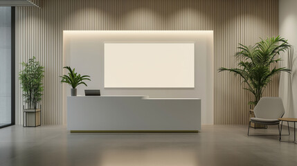 Display blank clean screen or signboard mockup on the wall behind reception at Lobby with Natural Light and Minimalist Decor.