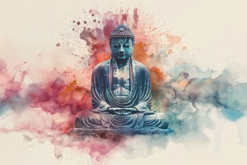 Buddha meditates in the lotus position, drawing with watercolors