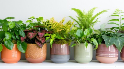 variety of green Indoor plants in ceramic pots on a white background.