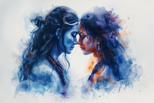 Hindu deities Lord Shiva and Goddess Parvati radiate love and tender feelings with their foreheads touching. Valentine's day concept drawn in watercolors touching. Valentine's day concept