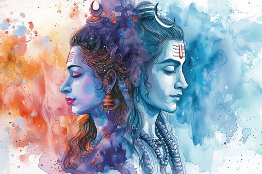 Hindu deities Lord Shiva and Goddess Parvati painted with watercolors. The concept of unity of masculine and feminine principles