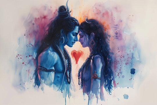 Hindu deities Lord Shiva and Goddess Parvati radiate love and tender feelings with their foreheads touching. Valentine's day concept drawn in watercolors touching. Valentine's day concept