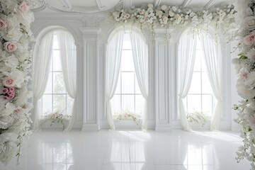 Wedding backdrop aesthetic flower wreath decoration indoor white background. Generative AI.