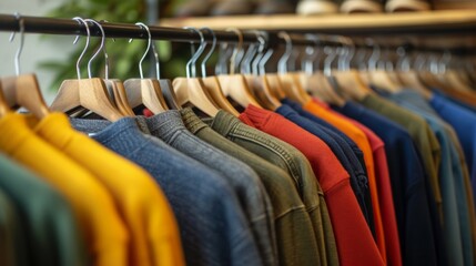 Neatly arranged colorful shirts on hangers with a focus on texture and fabric quality in a boutique.