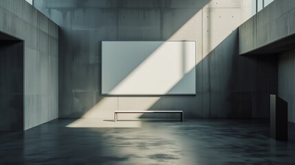 Obraz premium Display blank clean screen or signboard mockup at Minimalist Concrete Gallery Space with Dramatic Lighting. 