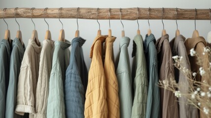 Earth-toned jackets neatly hung on a rustic wooden rack against a neutral wall, with soft natural light.