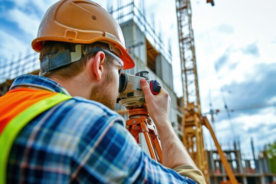 Surveyor Builder Engineer With Theodolite Transit Equipment At Construction. Generative AI.