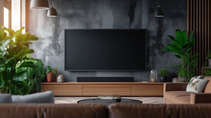 Wide screen flat television banner mockup of empty black screen at Modern Living Room with Home Entertainment System and Lush Greenery.