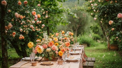 Fototapeta na wymiar Garden party, Outdoor dining, Floral centerpiece, Rustic table setting