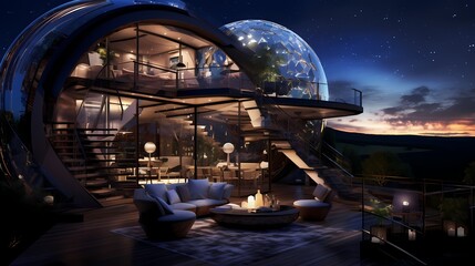 High-tech home observatory with automated telescopes, holographic constellation guides, and futuristic seating for stargazing in a space age setting