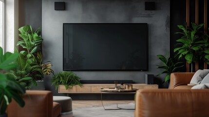Wide screen flat television banner mockup of empty black screen at Modern Living Room with Home Entertainment System and Lush Greenery.