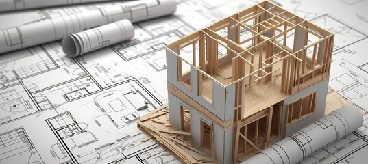 Under construction  wooden frame house model on blueprints   building project with copy space