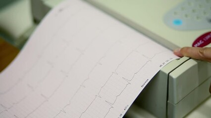 Paper with electrocardiogram goes from printer of ECG machine