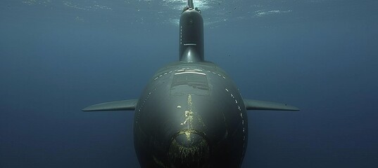 Opulent private submarine gracefully gliding in deep ocean with vibrant fish and marine life