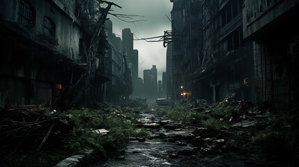 A post-apocalyptic city with ruined skyscrapers, ruins.