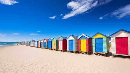 A row of colorful beach houses on the sandy beach.