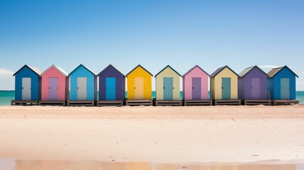 Fototapeta na wymiar A row of colorful beach houses on the sandy beach.