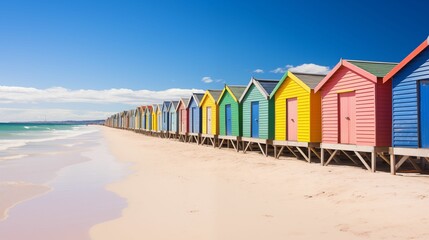 Obraz premium A row of colorful beach houses on the sandy beach.