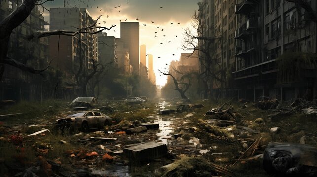 A post-apocalyptic city with ruined skyscrapers, ruins.