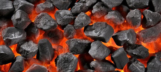 Fiery burning coals abstract background with glowing red hot embers and intense vibrant flames