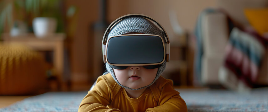 A baby, curious and enchanted, tries on virtual reality glasses. Baby exploring the innovative virtual reality of colors and shapes. Childhood innocence and technological advancement.