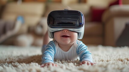 A baby, curious and enchanted, tries on virtual reality glasses. Baby exploring the innovative virtual reality of colors and shapes. Childhood innocence and technological advancement.