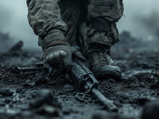 Naklejka premium Kneeling soldier with rifle in muddy terrain