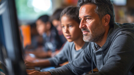 Man and Boy Sitting in Front of a Computer, Engaged in Online Learning
