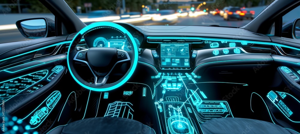 Poster engineer programming autonomous vehicle with interactive holographic elements in blurred background