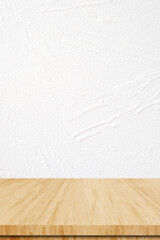 Vertical brown wood table and white cement wall background, Wooden shelf, counter for food and...