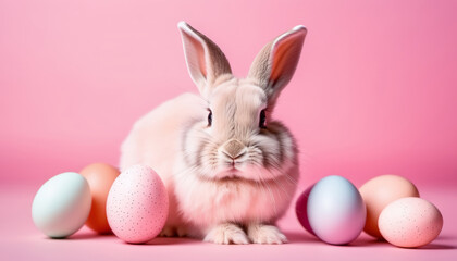 Naklejka na ściany i meble Easter banner - cute small easter bunny sits near easter eggs