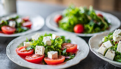Greek salad with ripe tomatoes and creamy feta cheese, showcasing the essence of Mediterranean cuisine in a colorful and appetizing composition