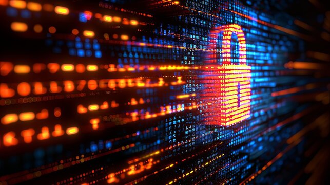 Secure software development concept, code and padlock on computer screen, blurred background
