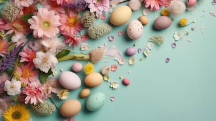 Fototapeta na wymiar Top View of Happy Easter Day banner concept design of colorful eggs and plants on pastel background