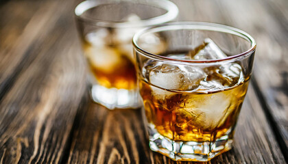glass of whiskey with ice cubes on a rustic wooden background, evoking warmth and relaxation