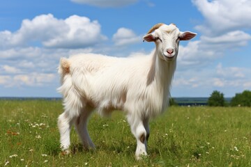 Obraz premium Peaceful goat leisurely grazing on a sun drenched meadow in the vibrant embrace of summer