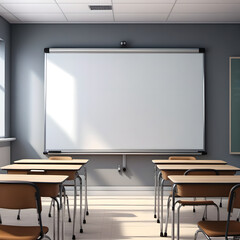 Ein Modernes erfrischendes, leeres Klassenzimmer mit einem großen weißen Whiteboard (Tafel)  Bunt aber schlicht.