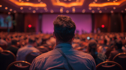 Obraz premium Man Standing Confidently in Front of a Large Crowd of People at a Public Event.