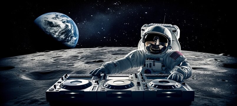 Epic alien planet party with astronaut dj and state of the art console on the moon s surface