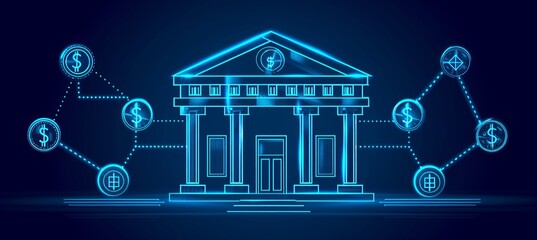 Interactive holographic display of shining banking icons with copy space for text placement