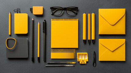 Yellow Stationery Set With Glasses on Desk