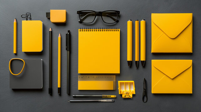 Yellow Stationery Set With Glasses on Desk