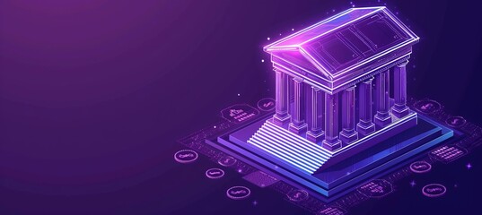 Shining interactive holographic banking icons with copy space in futuristic concept