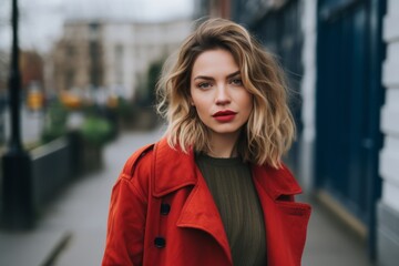 Portrait of a beautiful blonde girl in a red coat on the street