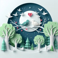  couple birds on tree branch in forest, origami concept and Valentine's day idea emblem in Vector Illustration Background design with space created with generative ai