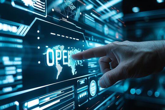 Interactive holographic open sign shining in the air for futuristic technology concept