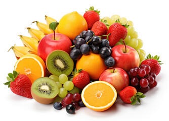 Naklejka na ściany i meble A vibrant and colorful assortment of fresh fruits including strawberries, oranges, apples, raspberries, and blueberries, isolated on a clean white background.
