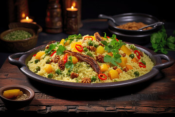 A beautifully presented dish of couscous, garnished with colorful vegetables, spices, and herbs, served in a rustic setting.